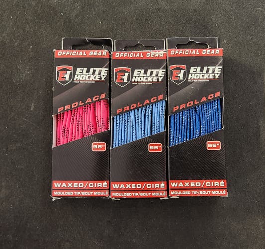 New Elite Hockey WAXED Molded Tip Laces [Size 5.5-7/96"] (3- Pack: Royal, Light Blue, Pink)