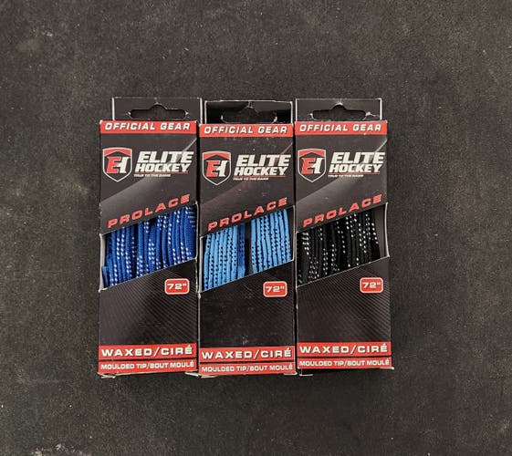 New Elite Hockey WAXED Molded Tip Laces [Size Yth 8 - Jr 3/72"] (3- Pack: Blk, Royal and Light Blue)