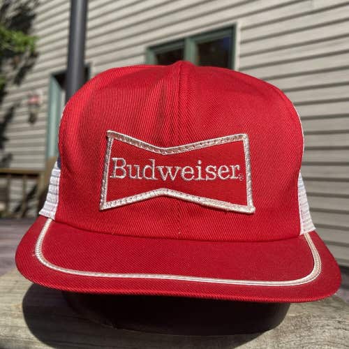 Budweiser Trucker Hat Snapback Cap Mesh Patch Vintage 80s Red Beer Drinking USA