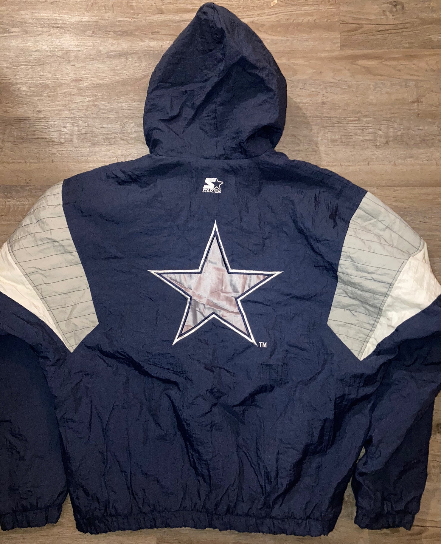 Vtg Starter Pro Line Dallas Cowboys Blue Puffer Jacket w/ Hood Men's Size L