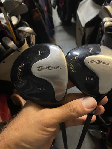 Zero tolerance golf driver and 7 wood in right Hand