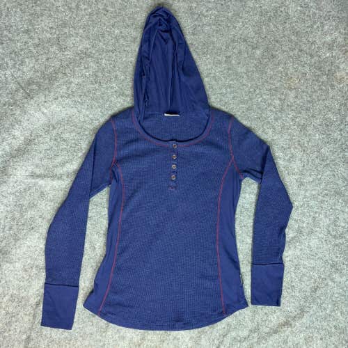 Columbia Women Shirt Medium Blue Red Henley Long Sleeve Hood Waffle Knit Outdoor