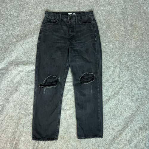 Old Navy Womens Jean 8 Black Denim Pant Straight High Rise Button Fly Distressed