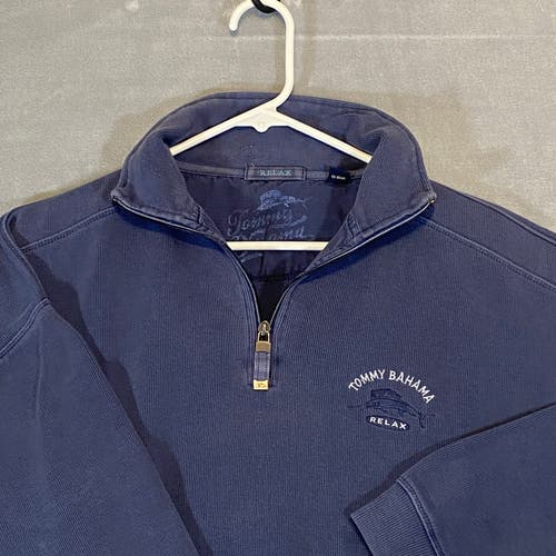 Tommy Bahama Relax 1/4 Zip Sweater Men Large Blue Pullover Sewn Marlin Logo