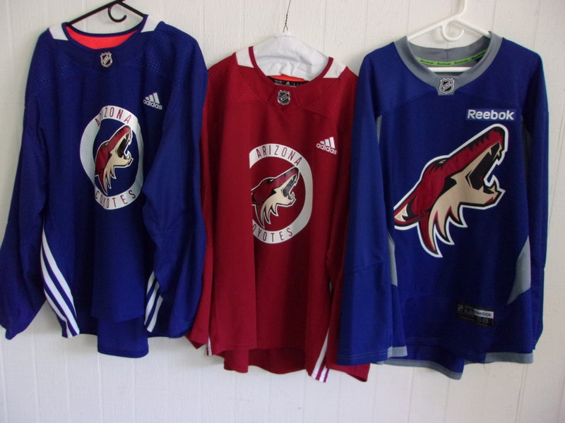 ARIZONA COYOTES red Adidas 58 practice jersey, blue Adidas 58 jersey, blue Reebok 58 jersey