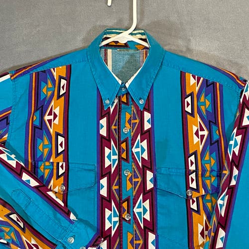 Vintage Western Shirt Men Large Colorful Long Sleeve Pockets Aztec Navajo Rodeo
