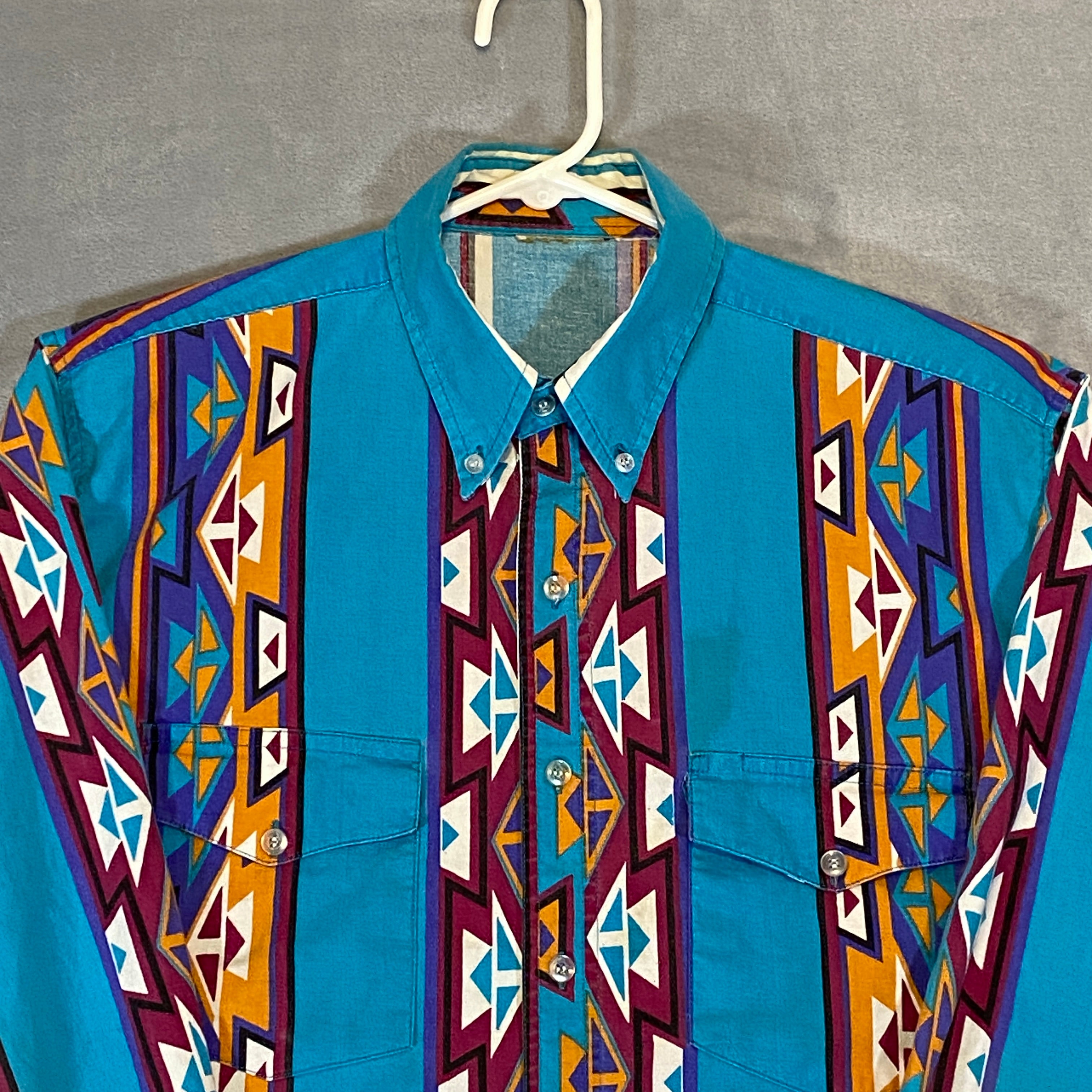Vintage Western Shirt Men Large Colorful Long Sleeve Pockets Aztec Navajo  Rodeo | SidelineSwap