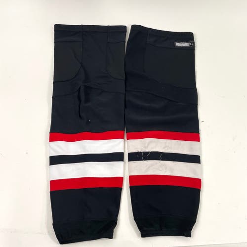 Used Black, White, and Red CCM USHL Steel Socks | Size XL