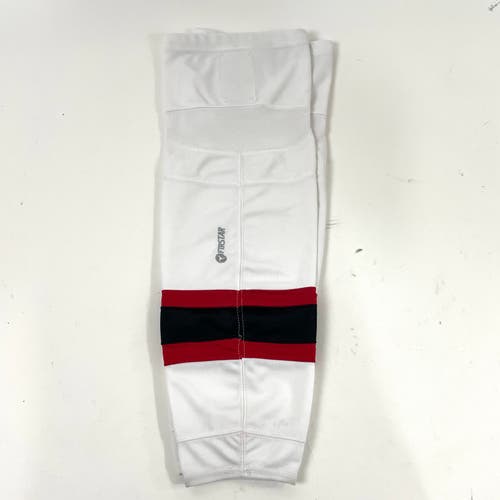 Used White, Black, and Red Firstar USHL Steel Socks with Velcro | Size Large