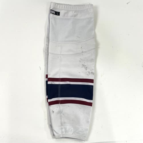 Used White, with Blue and Maroon Stripe CCM Socks | Size Large