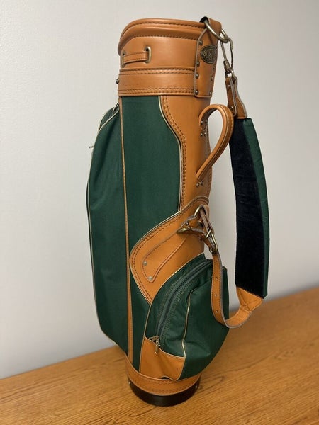 Burton Vintage Golf Cart Bag 3 Way Divider Green Tan w Leather