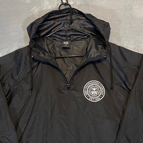 OBEY Jacket Men Medium Black 1/4 Zip Anorak Pullover 100% Nylon Logo Windbreaker