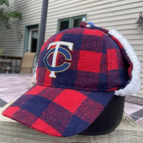 MLB Minnesota Twins Plaid Flannel Sherpa Lined Ear Flap Pepsi Trapper Wool Hat