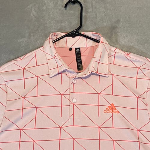 Adidas Golf Polo Shirt Men Medium Pink Jacquard Lines Short Sleeve Embroidered