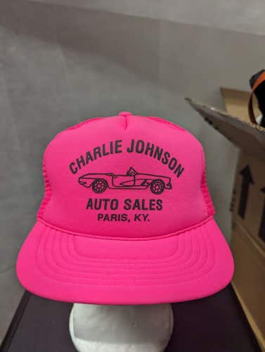 Vintage Charlie Johnson Auto Sales Pink Mesh Trucker Snapback Hat