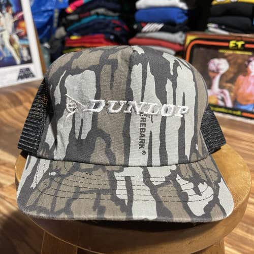 Vintage Dunlop Trebark Camouflage Snapback Trucker Hat Cap Swingster Made In USA