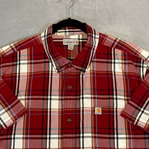 Carhartt Shirt Men 2XL Crimson Plaid Relaxed Fit Short Sleeve Button Up Pocket