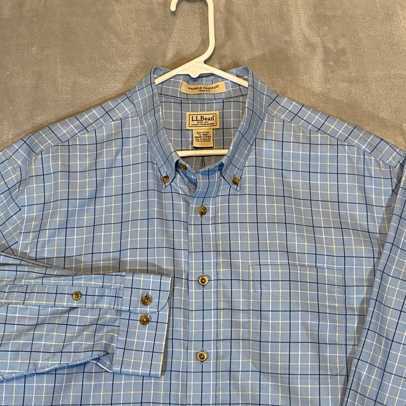 LL Bean Shirt Men XL Blue Trim Fit Long Sleeve Wrinkle Resistant Button Down