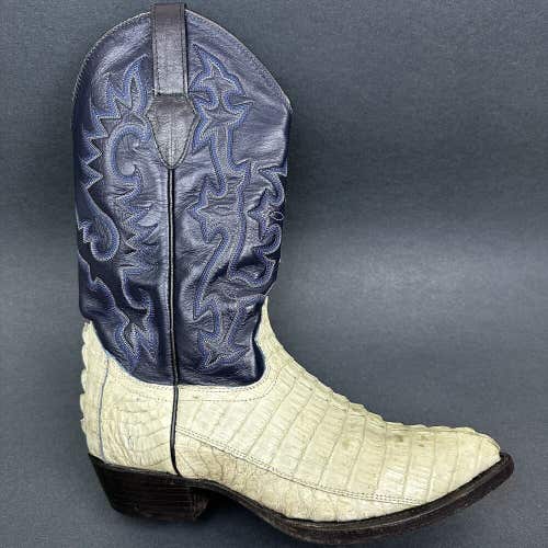 Max Leather Cowboy Boots Caiman Exotic Navy Blue Tan Size 8.5 EE Extra Wide
