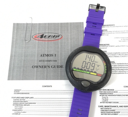 Aeris Atmos1 Air Scuba Dive Wrist Computer Atmos 1 + Manual & Purple Strap #3414