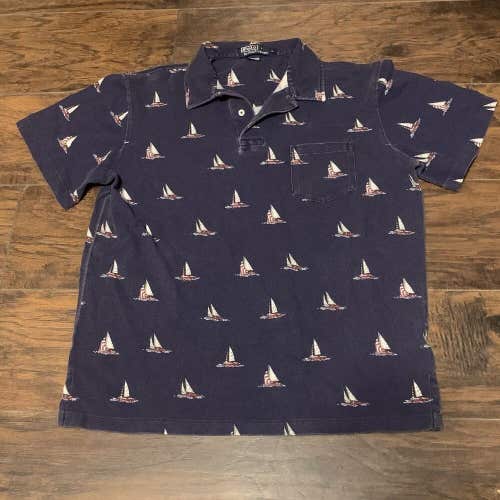 Polo Ralph Lauren Vtg Boats Pattern Men's Blue Casual Button Up Polo Shirt Sz Lg