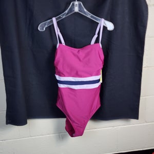 All In Motion Plumb with Lilac Grey Blue Stripe Medium Coverage Back One Piece Swimsuit Size M