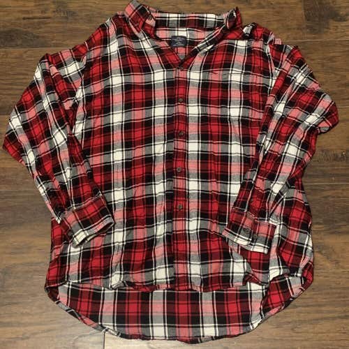 Faded Glory Mens Long Sleeve Classic Red Blk Plaid Button Up Flannel Shirt Sz Lg