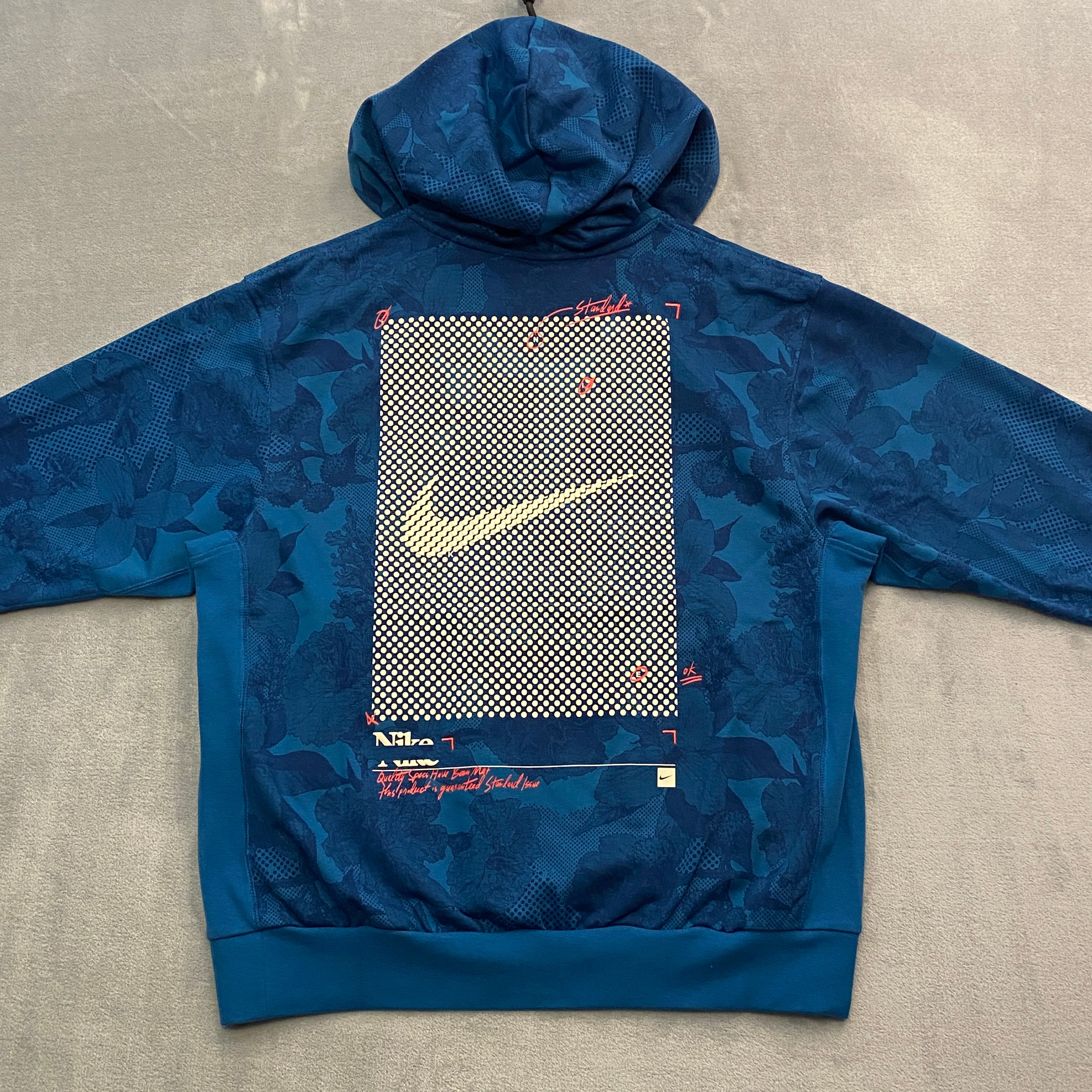 NIKE Hoodie Men 2XL Blue Floral Dri-FIT Standard Issue Logo