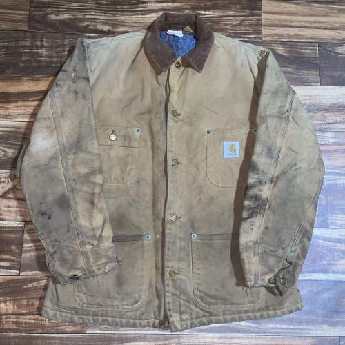 VTG Carhartt Chore Barn Coat Blanket Lined Jacket USA Mens Size Large Distressed