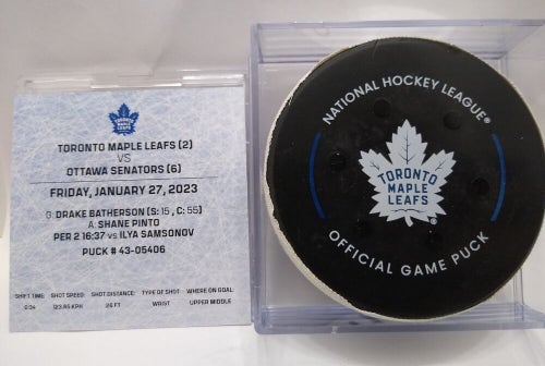 1-27-23 DRAKE BATHERSON Ottawa Senators vs Maple Leafs NHL Game Used GOAL Puck