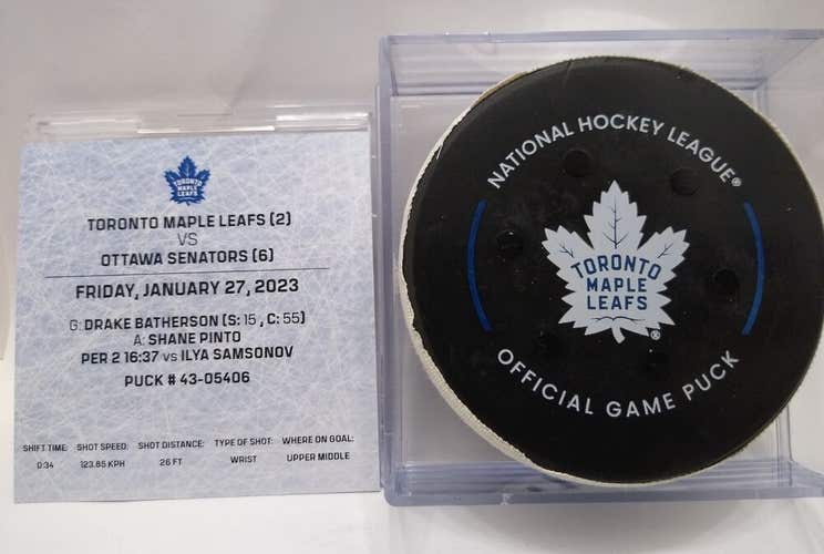 1-27-23 DRAKE BATHERSON Ottawa Senators vs Maple Leafs NHL Game Used GOAL Puck
