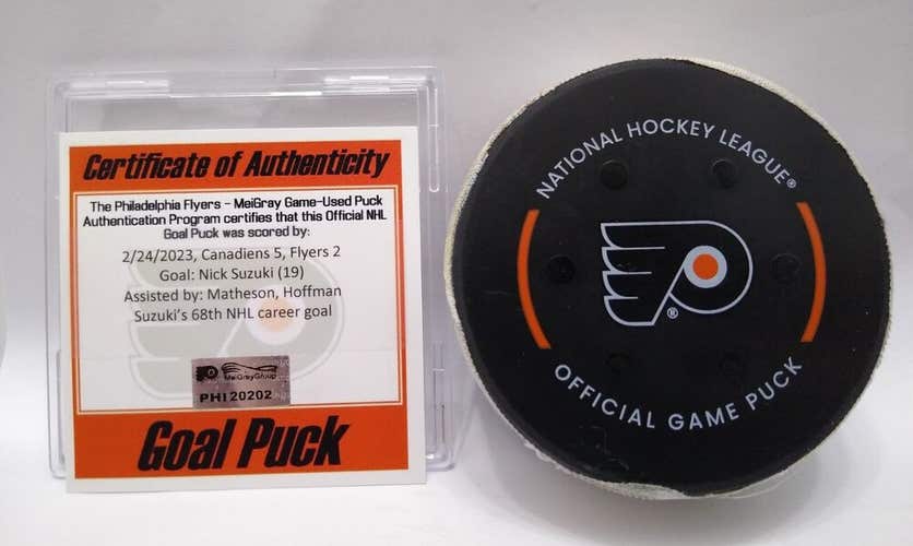 2-24-23 NICK SUZUKI Montreal Canadiens at Flyers NHL Game Used GOAL Puck