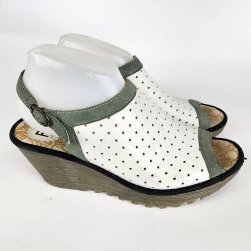 FLY London Yuti Women's White & Green Trim Wedge Heel Sandals Peep Toe Size 39/8