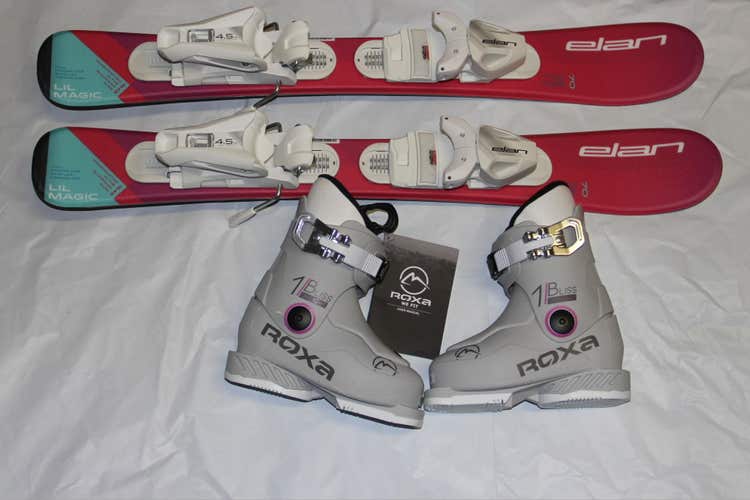 NEW kids Skis Elan  skis 70cm girls with new size adjustable bindings and 15.5 mondo ski boots