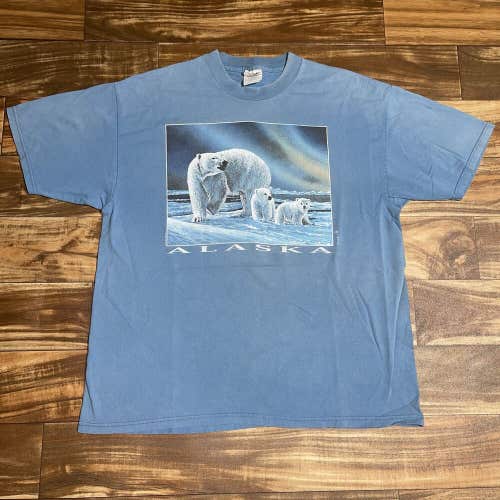Vintage Alaska Polar Bear Graphic Nature Blue T-Shirt Size XL