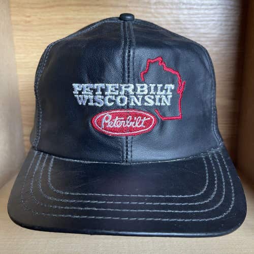 Vintage 90s Peterbilt Trucks Wisconsin USA Black Genuine Leather Strapback Hat