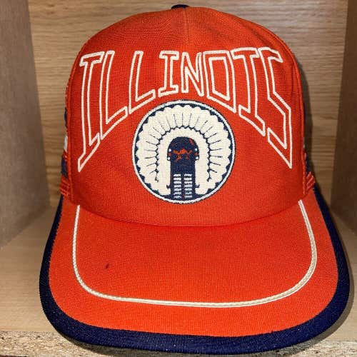 Vintage University of Illinois Indian Chief Illiniwek 3 Stripe Snapback Hat Cap