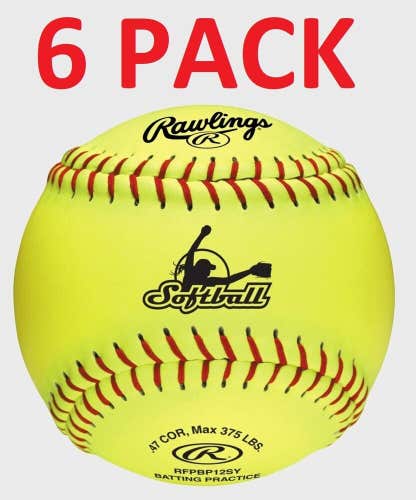 6 New Rawlings Fastpitch Training balls 12" softball RFPBP12SY batting practice