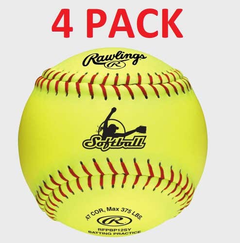 4 New Rawlings Fastpitch Training balls 12" softball RFPBP12SY batting practice