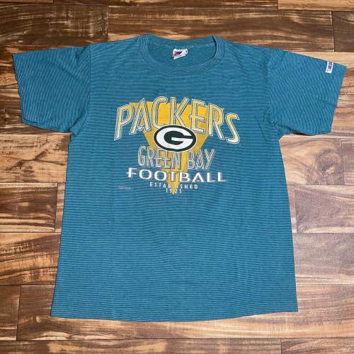 Vintage Green Bay Packers Trench T-Shirt Mens Large Striped Single Stitch USA