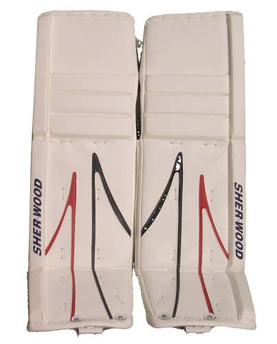 New Sherwood T95 senior goal ice hockey goalie leg pads white/blue/red Sr. 36+1"