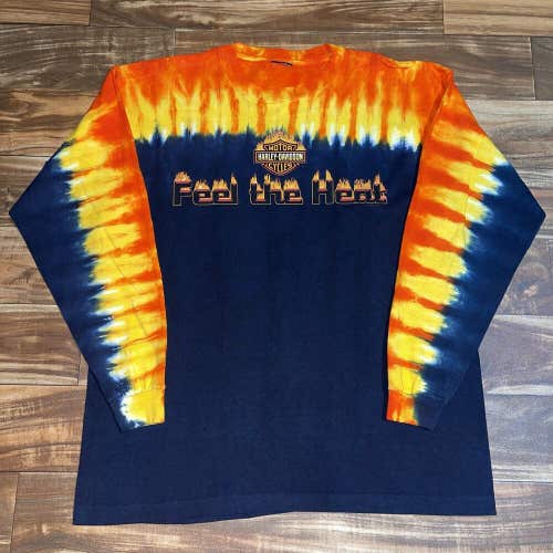Vintage Harley Davidson Feel The Heat Long Sleeve T-Shirt Tie Dye Flames Size XL