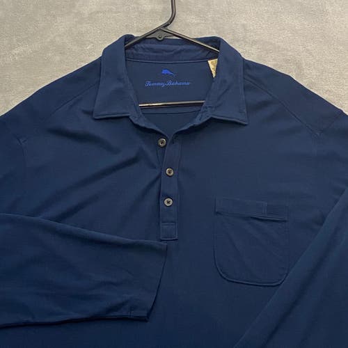 Tommy Bahama Pocket Polo Shirt Men XL Pima Blend 4-Button Navy Long Sleeve Dad