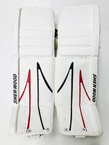 New Sherwood T95 senior goal ice hockey goalie leg pads white/black/red SR 35+1"