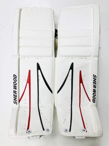 New Sherwood T95 senior goal ice hockey goalie leg pads white/black/red SR 35+1"