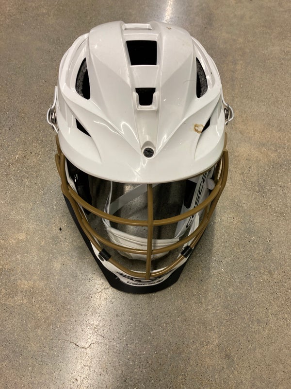 Used White Cascade S Helmet W/ Gold Facemask & Black Chin Piece