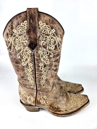 Corral Teen Embroidered Cowgirl Boots Size 2.5 Leather Cowhide 2773 Western