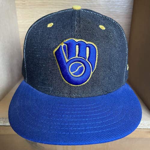New Era Milwaukee Brewers Limited Denim Jean Fitted Hat Cap Size 7 5/8 - RARE