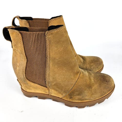 SOREL Women's Joan of Arctic Wedge II Camel Brown Chelsea Leather Boots Size 7.5