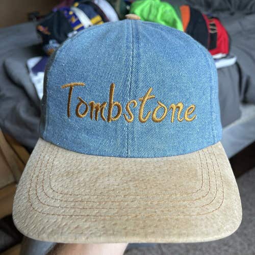 Vintage Denim Jean Embroidered Tombstone Pizza Strapback Hat Cap